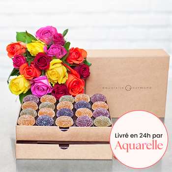 Caja de frutas en azúcar y rosas